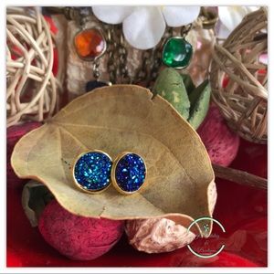 Royal Blue Flat Druzy on Gold Studs 12mm